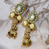 Majestic Long Jhumka, with Gold Kundan Mint Blue Stones Design