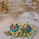 Majestic Short Button Jhumka, with Turquoise Semi-Precious Stones, Kundan and Moti Design