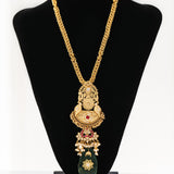 Long statement gold-plated necklace with kundan and green onyx stone