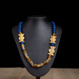 Hand-Painted Ceramic Beads, with Blue & Mustard Color African Krobo Glass Beads & Brass Fillers (A'marie Collection)