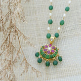 Silver Neckpiece paired with  pearls, green and red onyx, kemp stones, cubic zirconia