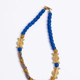 Hand-Painted Ceramic Beads, with Blue & Mustard Color African Krobo Glass Beads & Brass Fillers (A'marie Collection)