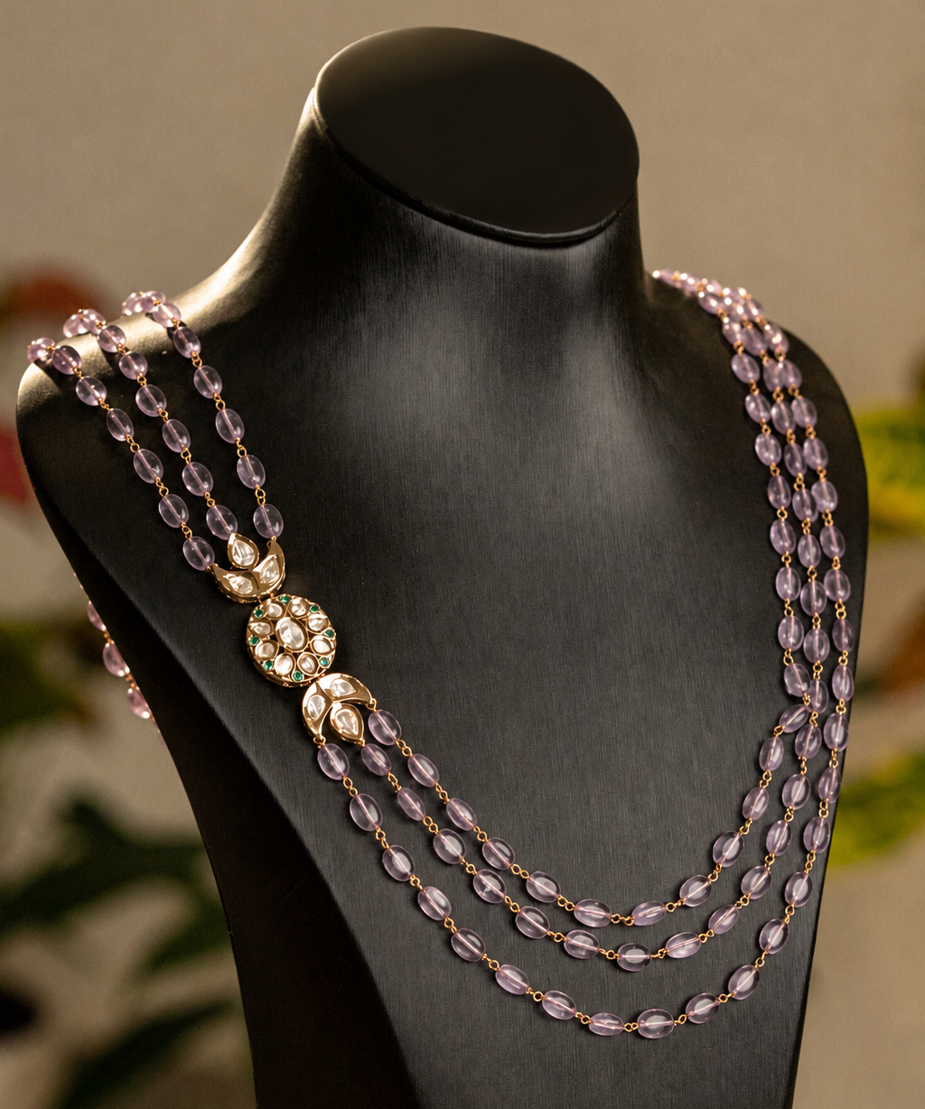 Tri-Stone Necklace with White Kundan Flower Motif