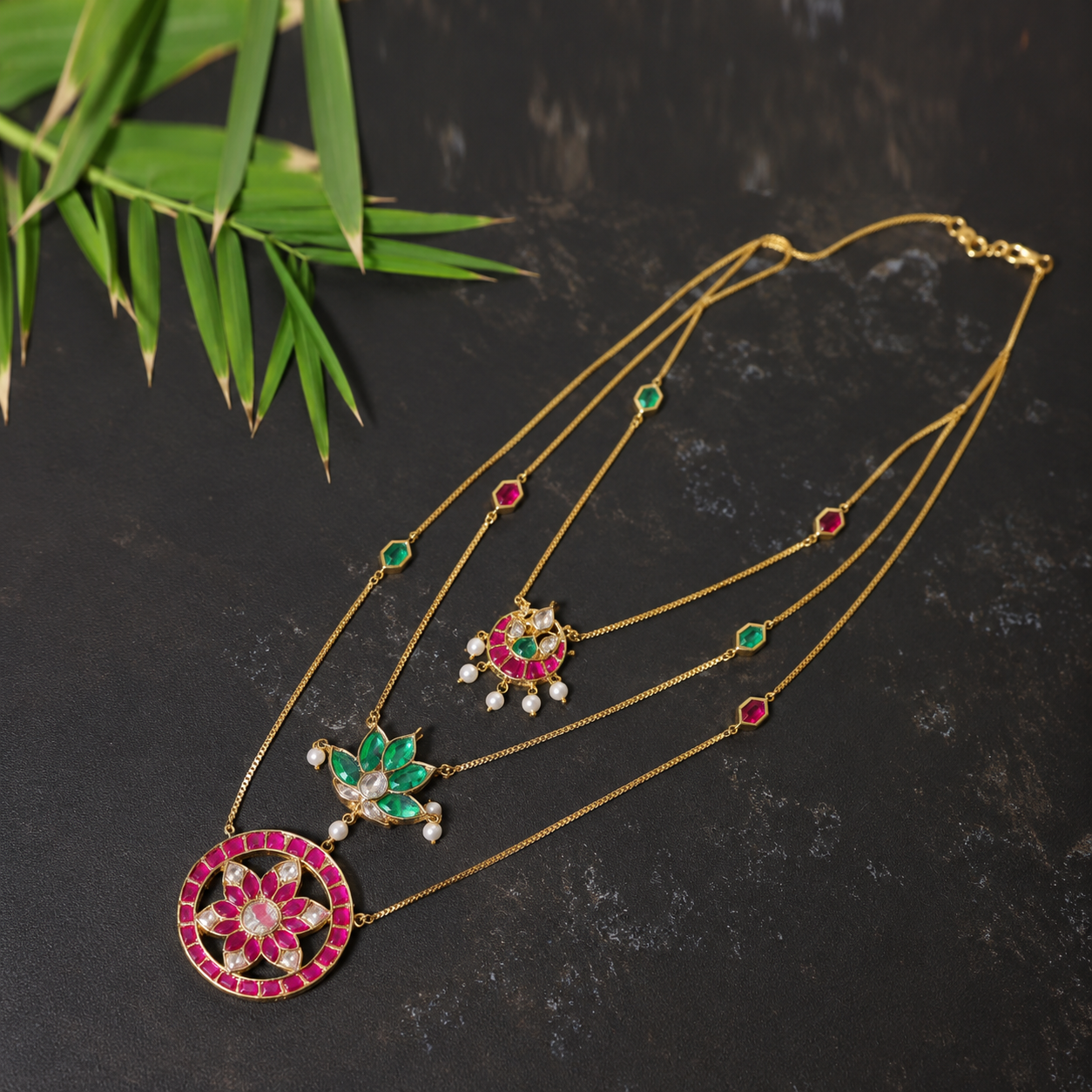 Lustrous Layered Necklace- pink cresent , pink flower