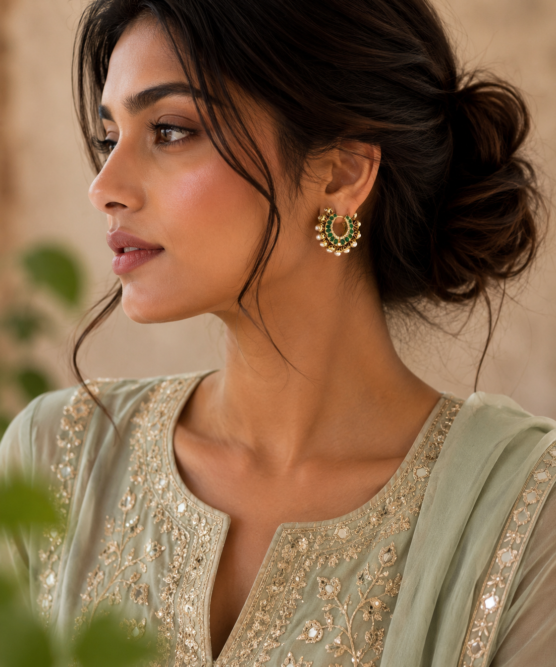 Moon Pearl Earring Set With Studded Semi Precious Stone