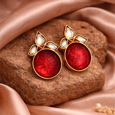 Royal Fusion Studs With Round Cut Semi Precious Stone & Flower Kundan Design