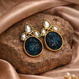Royal Fusion Studs With Round Cut Semi Precious Stone & Flower Kundan Design