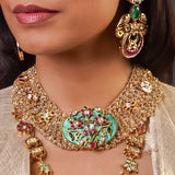 Turquoise Pendant  Gold Mesh Statement Necklace