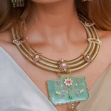 Gold Meena Work on Green Agate Hasli