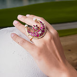Ruby Crescent Pearl Ring: pink-hued crescent ring adorned with pearls and gold detailing - Finger Ring Collection