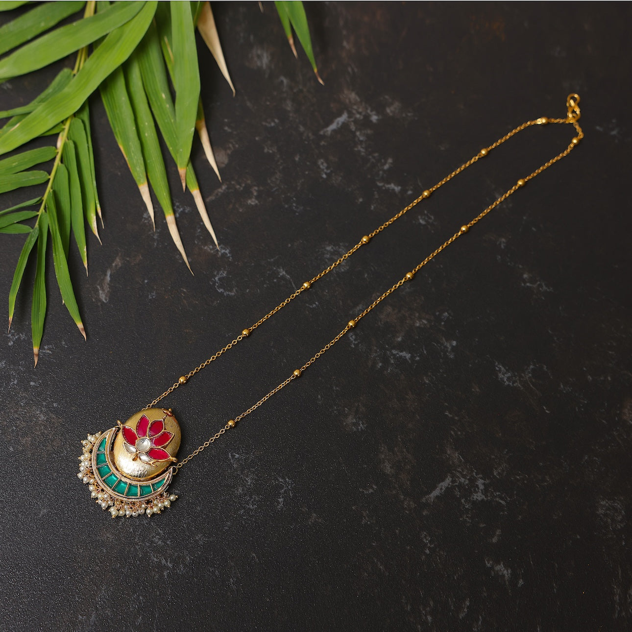 BlushEmerald Heritage Chain: Long chain with vibrant heritage hues of pink, green- Isha Collection