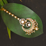 Small Mang tikka- Center pearl, Kundan studded green and white stones
