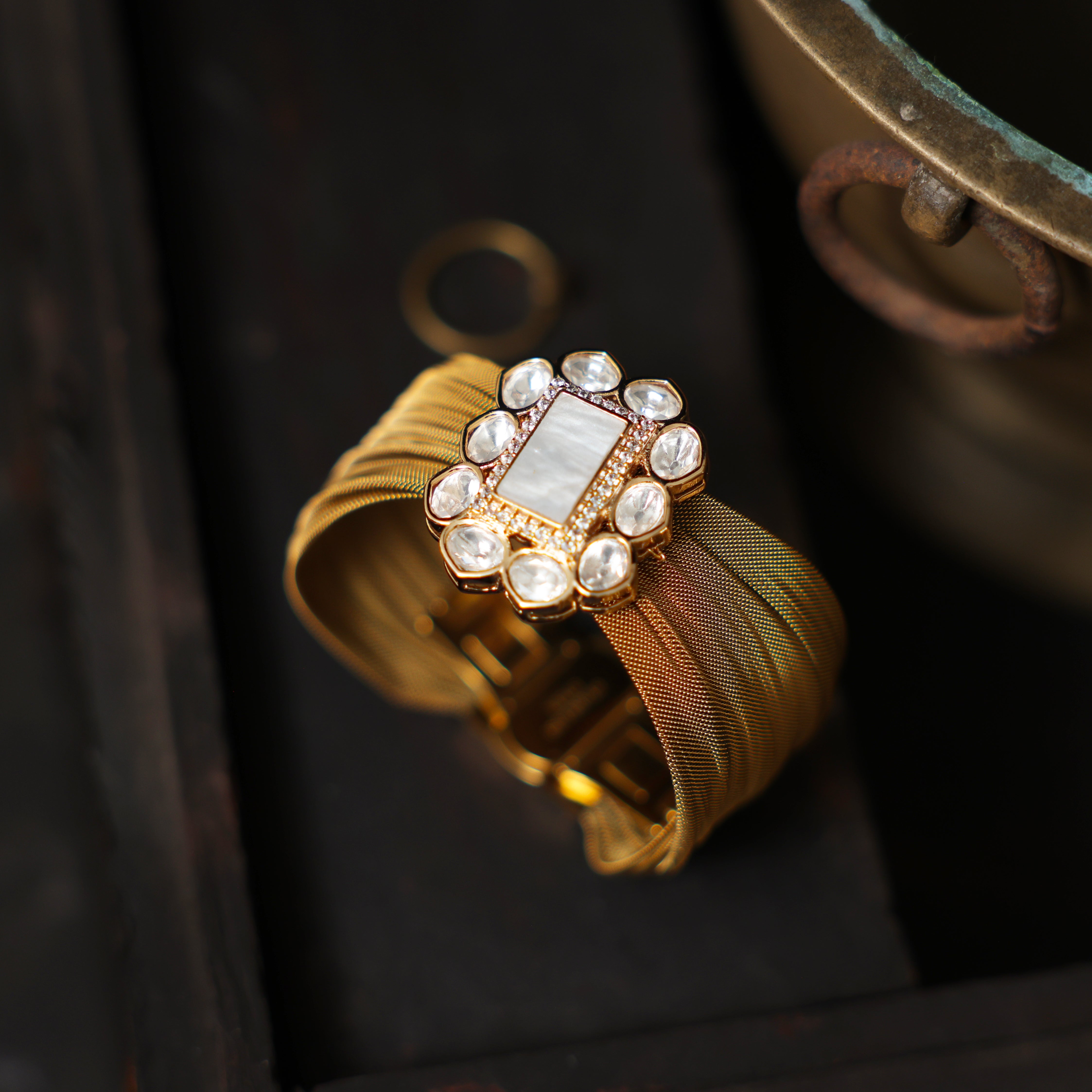 Italian Mesh Bracelet with Kundan and Stones Embellishments