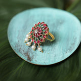 Royal Pink and Green Blooming Statement Ring