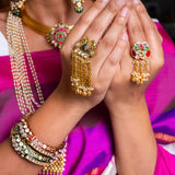 Long Chain Statement Finger Ring in Semi-Precious Stone