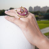 Ruby Crescent Pearl Ring: pink-hued crescent ring adorned with pearls and gold detailing - Finger Ring Collection