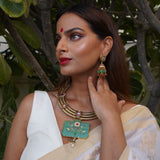 Gold Meena Work on Green Agate Hasli