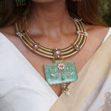Gold Meena Work on Green Agate Hasli