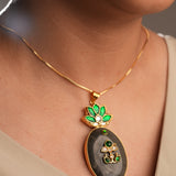 Deep Grey and Green Floral Kundan and stone studded chain and pendant