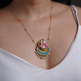BlushEmerald Heritage Chain: Long chain with vibrant heritage hues of pink, green- Isha Collection