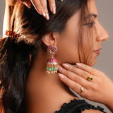 Majestic Jhumka, Kundan Circle at Top with Green Semi-precious stone Drop Design