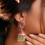 Majestic Jhumka, Kundan Circle at Top with Green Semi-precious stone Drop Design