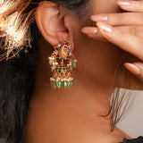 Majestic Jhumka with Kundan & Green Semi-precious stone Drop Design