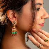Majestic Jhumka, Kundan Multi-Colour Circle with Green Semi-precious Drop Design