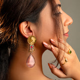 Majestic fusion earrings with Gold Coin and Pink Quartz Design- Fiza Collection