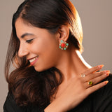 Majestic fusion earrings with Turquoise and Coral Red Stone- Fiza Collection