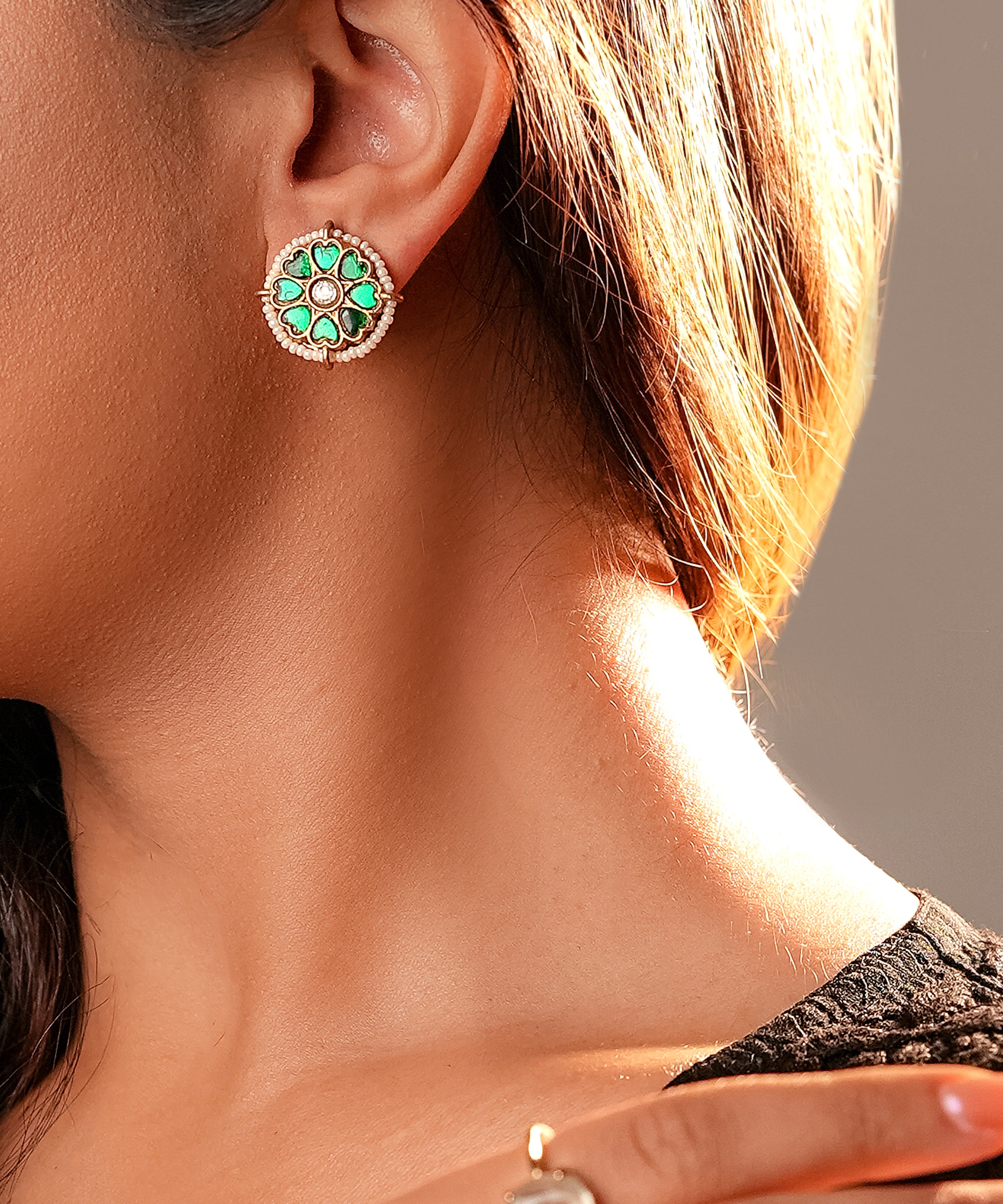 Signity glow Green Kundan and Pearl Shell Earrings