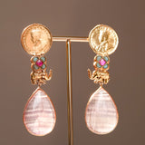 Majestic fusion earrings with Gold Coin and Pink Quartz Design- Fiza Collection