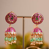 Majestic Jhumka, Kundan Circle at Top with Green Semi-precious stone Drop Design