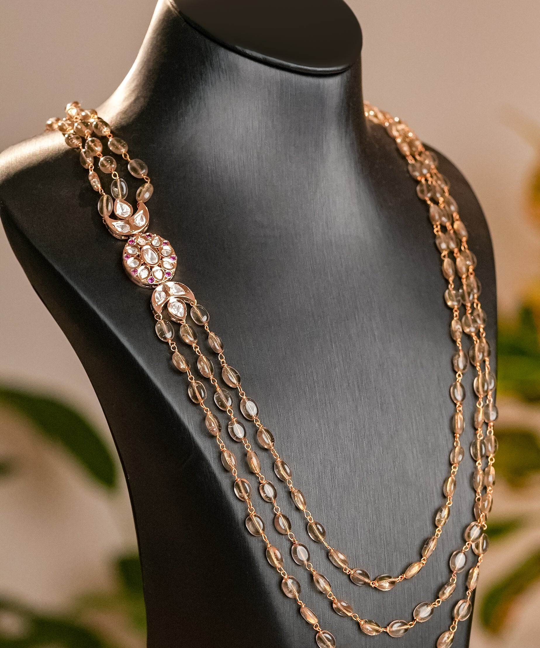 Tri-Stone Necklace with White Kundan Flower Motif