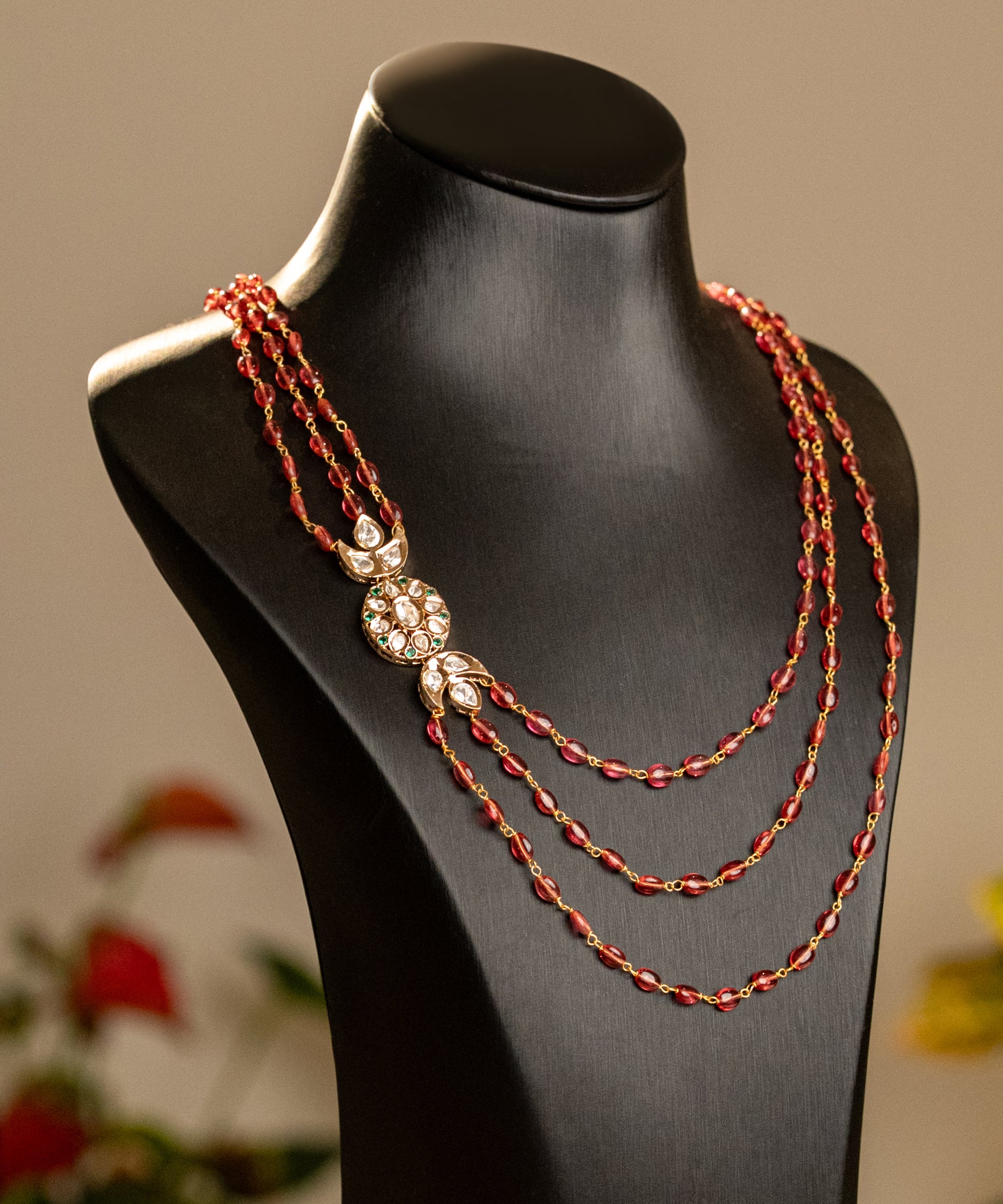 Tri-Stone Necklace with White Kundan Flower Motif