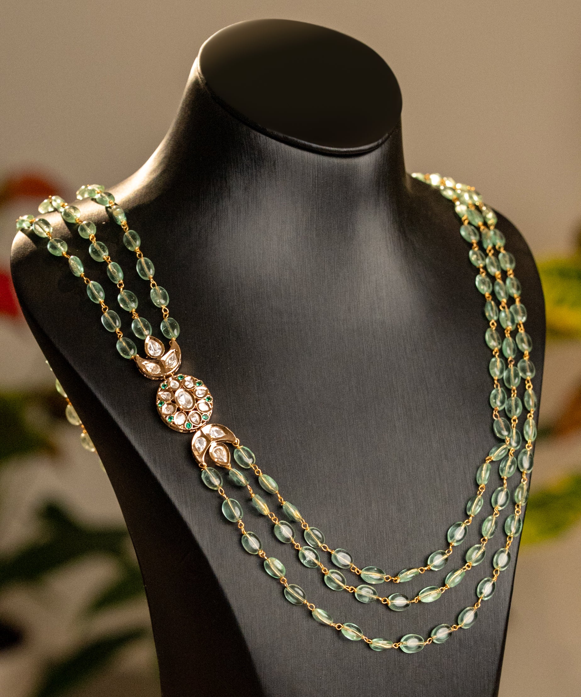 Tri-Stone Necklace with White Kundan Flower Motif