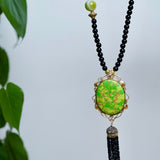 Long Beaded Black Chain with Green Agate pendant with Hanging