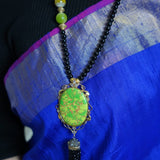 Long Beaded Black Chain with Green Agate pendant with Hanging