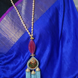 Meena work pendant with blue tassel and pink agate