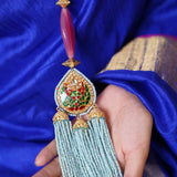 Meena work pendant with blue tassel and pink agate
