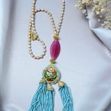 Meena work pendant with blue tassel and pink agate