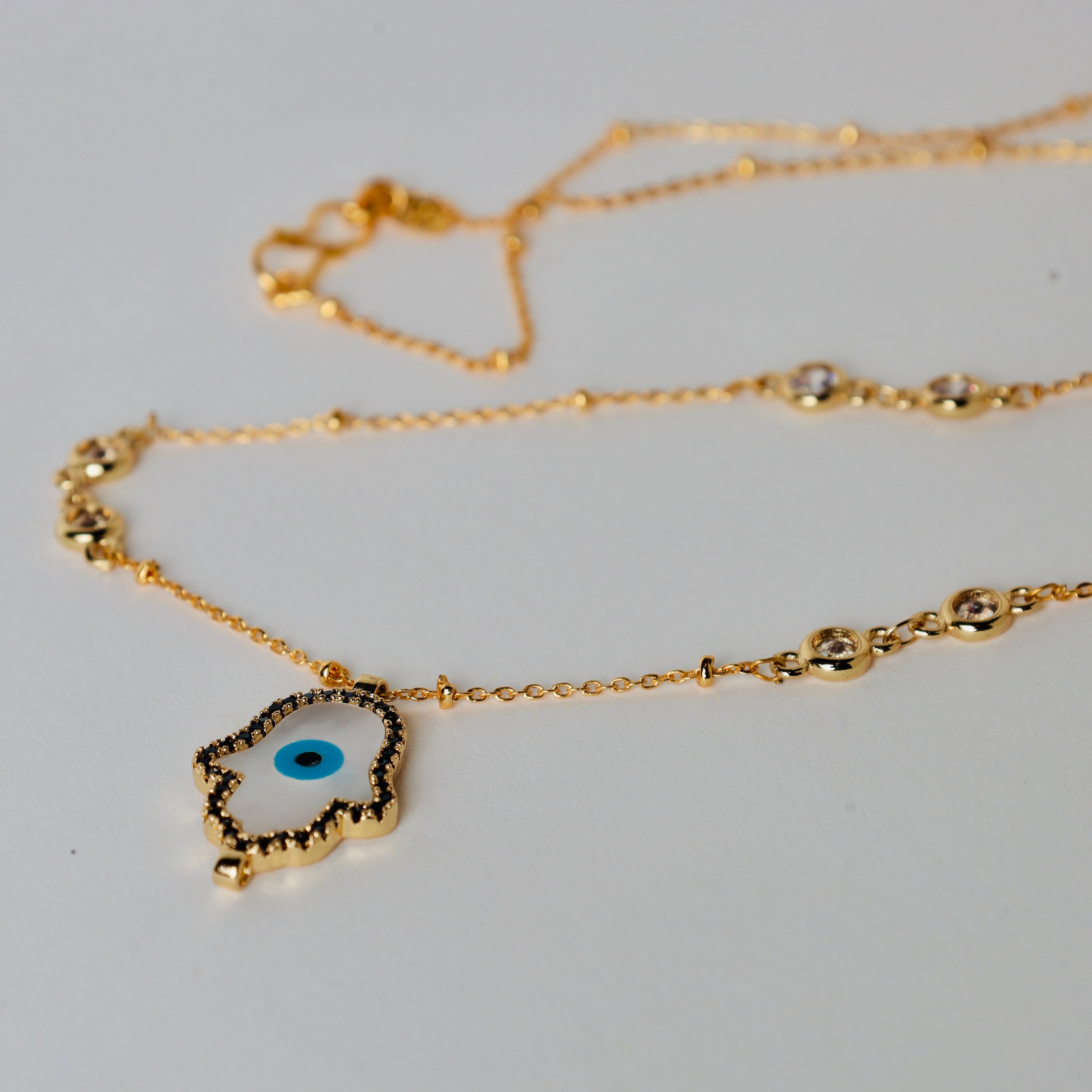 Fatima's hand Evil eye in gold chain with swaroski stones Silver