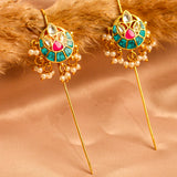 Heritage Turquoise & Pink Kundan Flower Earcuff with Dangling Perals