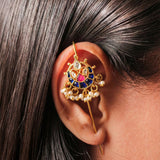 Orchid Glow Kundan Earcuff with Blue & White Stones with Dangling Perals