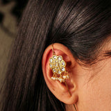 Emerald Flower Pearl Kundan Earcuff with Dangling Perals