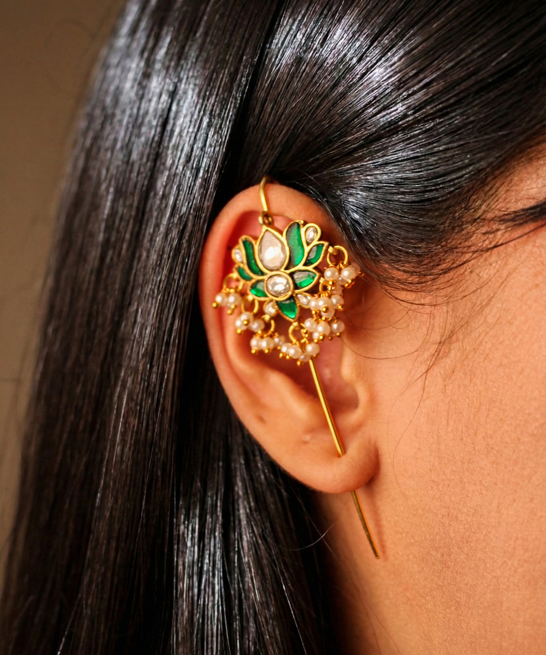 Orchid Glow Kundan Earcuff with Dangling Perals