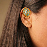 Heritage Turquoise Kundan Flower Earcuff with Dangling Perals