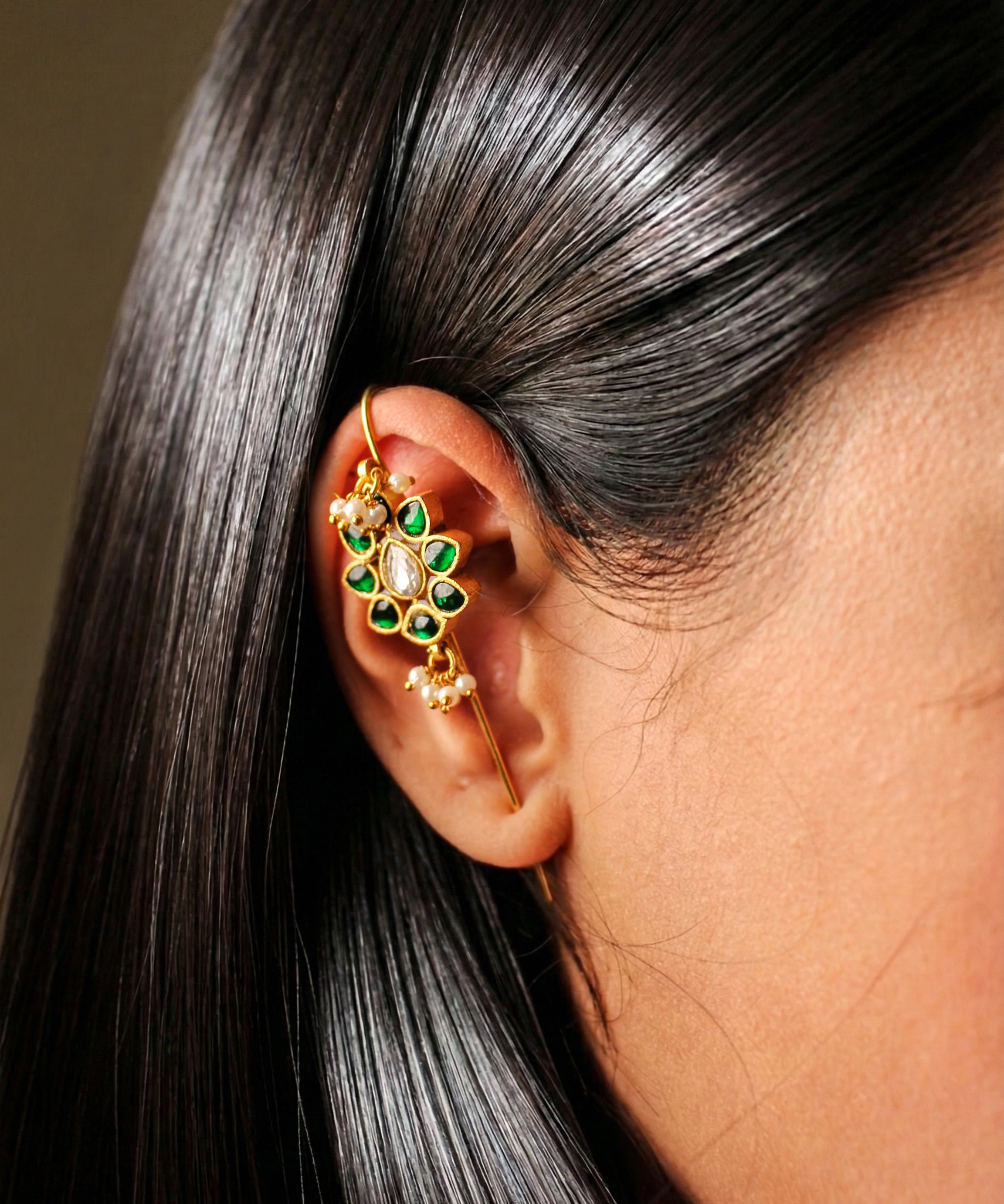 Blooming Flower Charm Kundan Earcuff with Dangling Perals