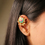 Heritage Turquoise & Pink Kundan Flower Earcuff with Dangling Perals