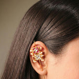 Rosette Flower Pearl Kundan Earcuff with Dangling Perals